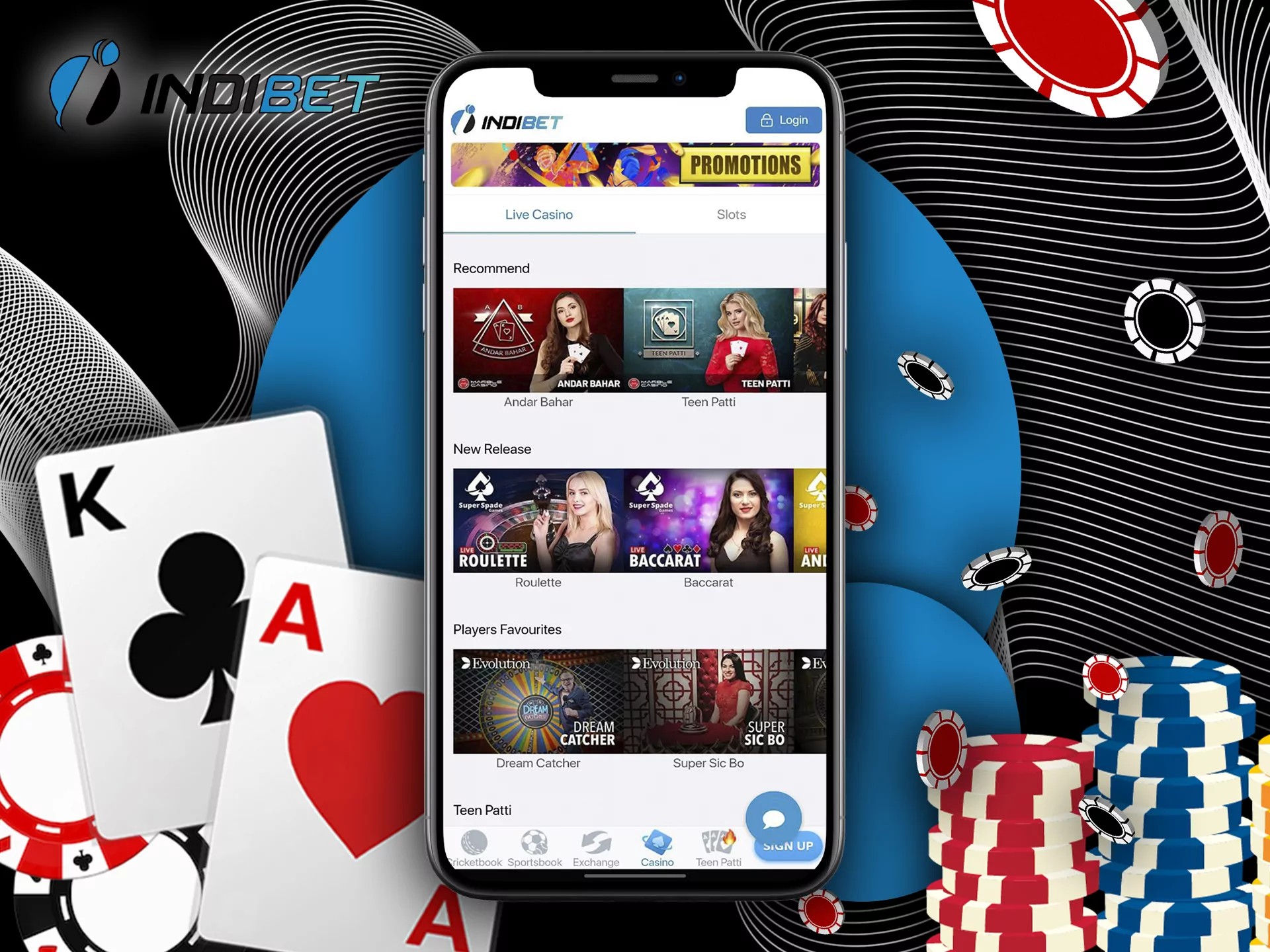 Play casino slots in the 'Casino' section of the Indibet bet.