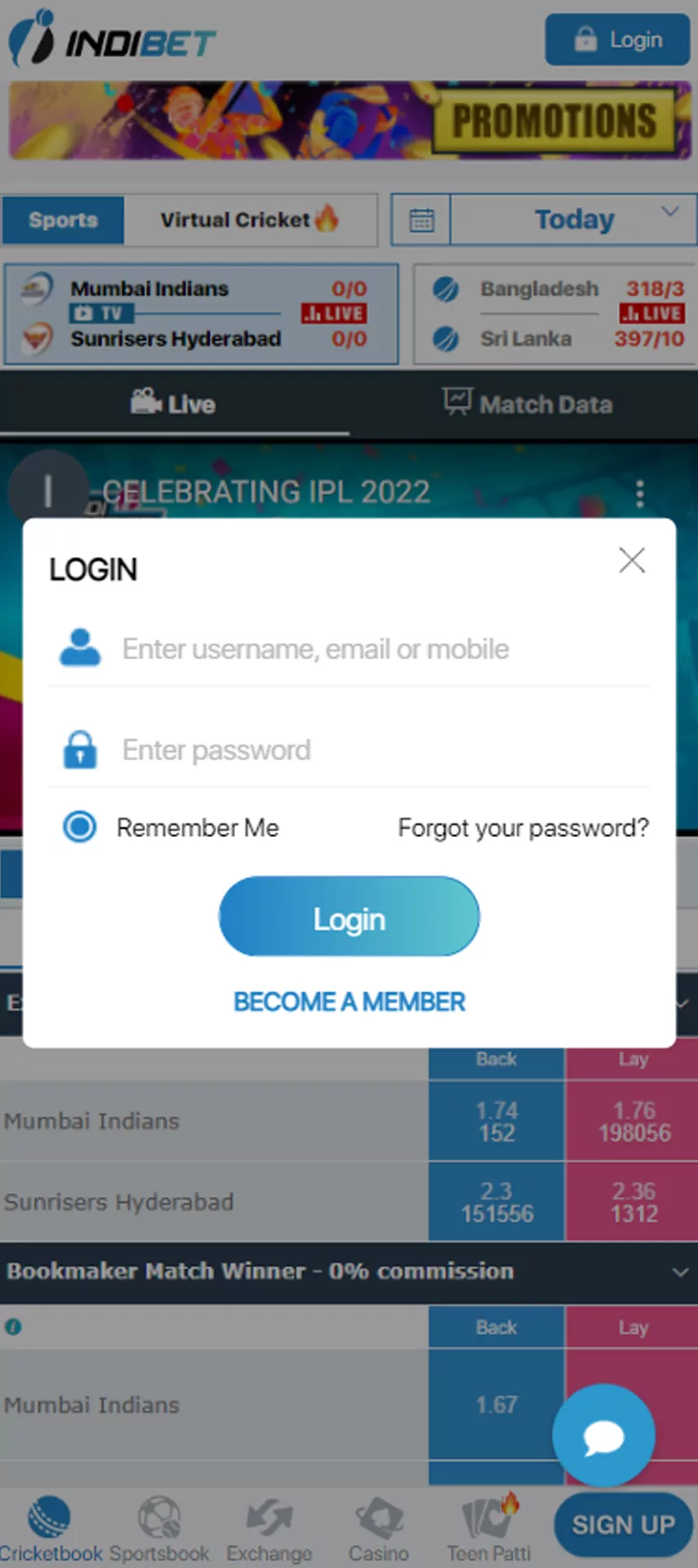 You can log into your account via Indibet App using the same username and password.